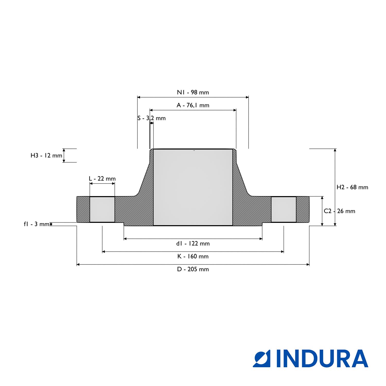 Weld-neck flange, EN 1092-1, T:11, PN63, DN65, AISI316L, INDURA