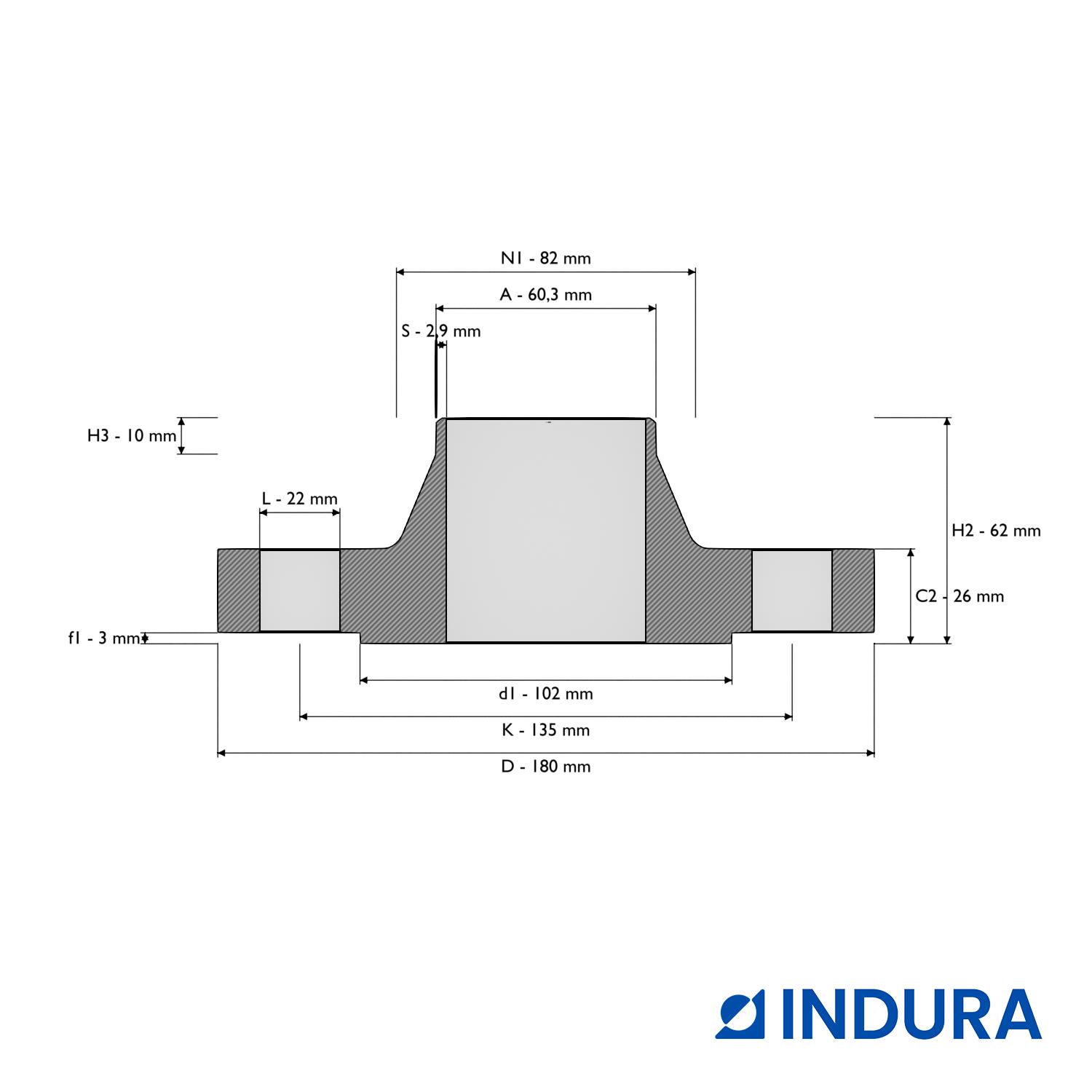 Weld-neck flange, EN 1092-1, T:11, PN63, DN50, AISI316TI, INDURA
