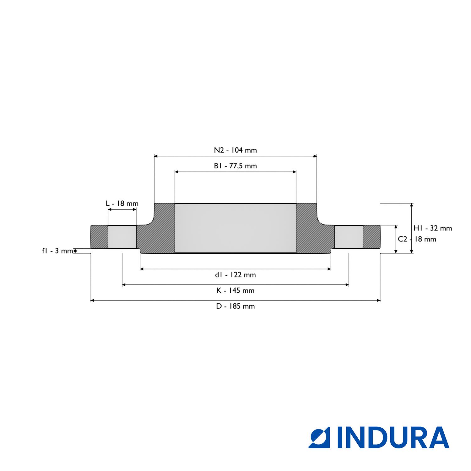 Hubbed slip-on flange, EN 1092-1, T:12, PN10-16, DN65, P250GH, INDURA
